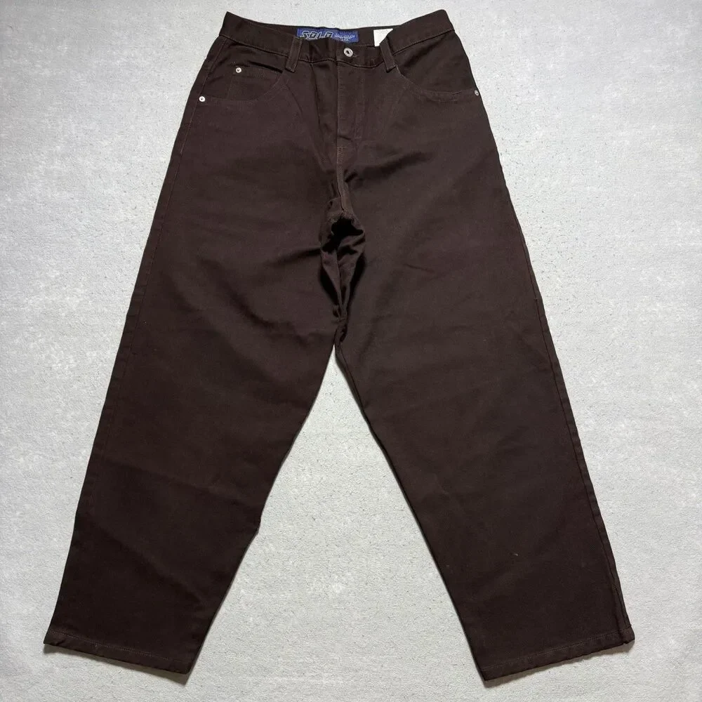 VTG Solo Semore Brown Baggy Embroidered Denim Jeans 34x30 90s USA Y2K Wide Jnco